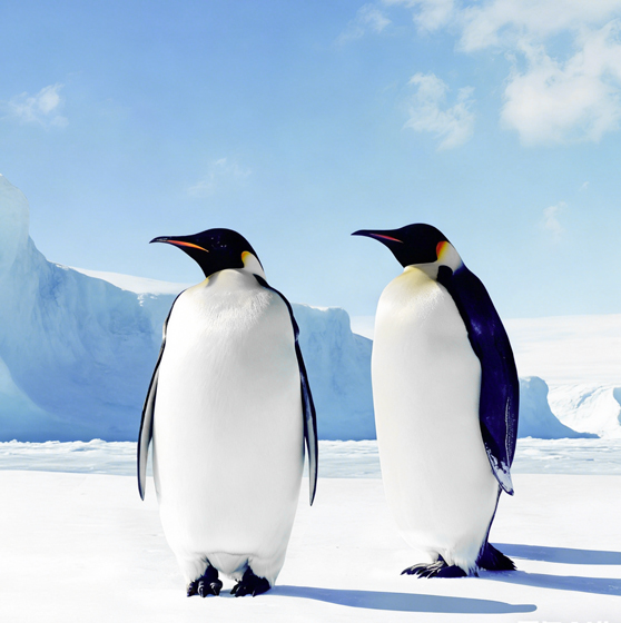 G&G brand visual featuring emperor penguins, iceberg scenery, and intelligent manufacturing