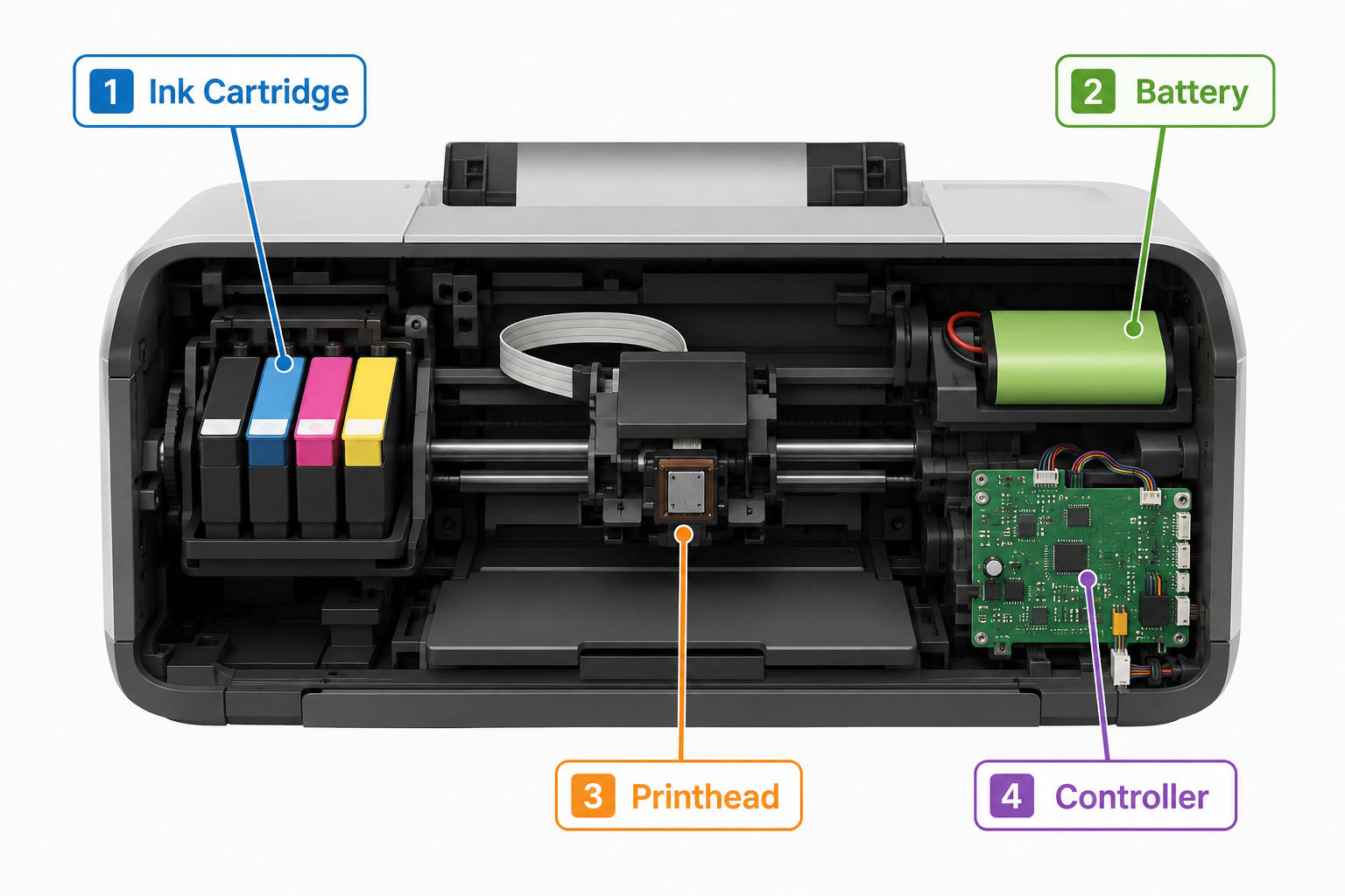 A simple four-part diagram labeled Ink Cartridge, Battery, Printhead, and Controller, showing how each connects inside the printer body. A simple four-part diagram labeled Ink Cartridge, Battery, Printhead, and Controller, showing how each connects inside the printer body.