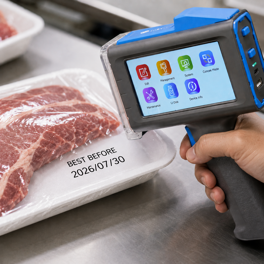 Close-up of a G&G handheld inkjet printer marking a 