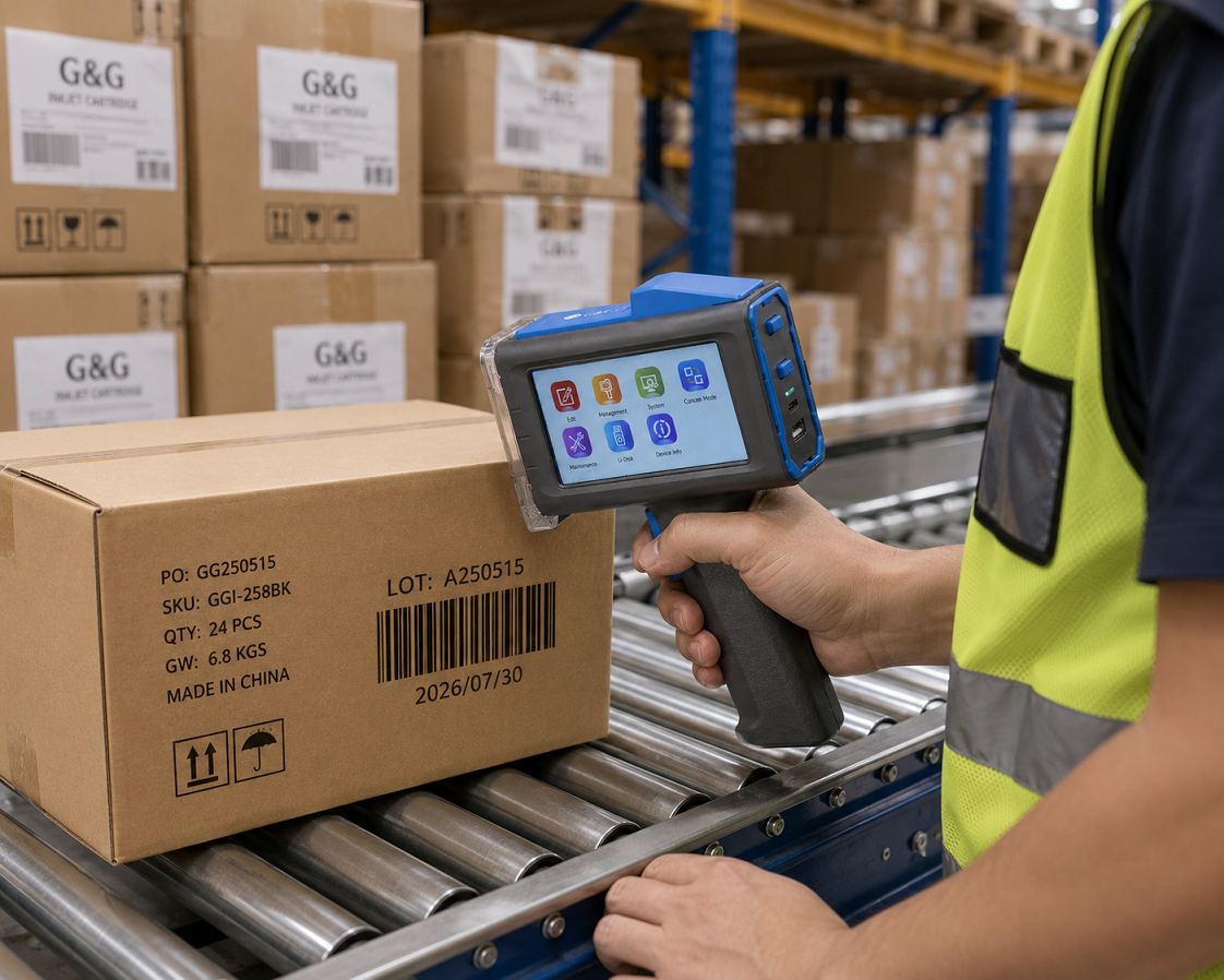 A warehouse worker printing a shipping barcode directly onto a cardboard box on a roller conveyor, with stacked labeled cartons in the background.