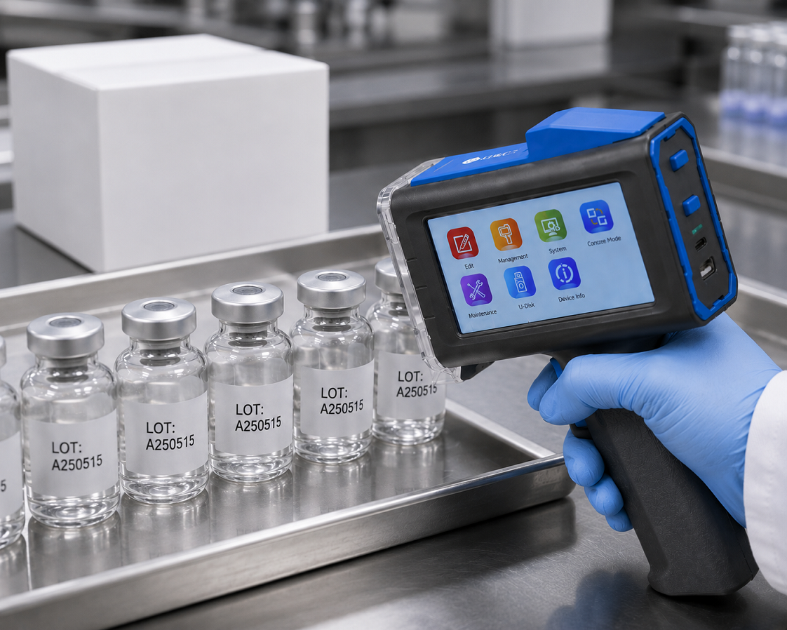 A gloved hand using a G&G handheld inkjet printer to mark a lot number onto a row of glass medical vials on a stainless steel tray.