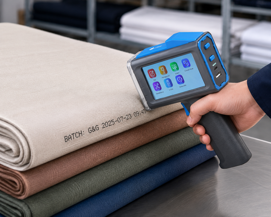 A G&G handheld inkjet printer gliding across folded fabric bolts, printing a batch code directly onto the material's edge.