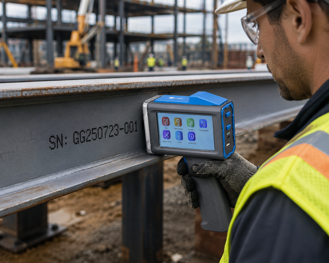 A construction worker in high-visibility gear using a rugged G&G handheld inkjet printer to mark a serial number onto a steel beam on an active job site.