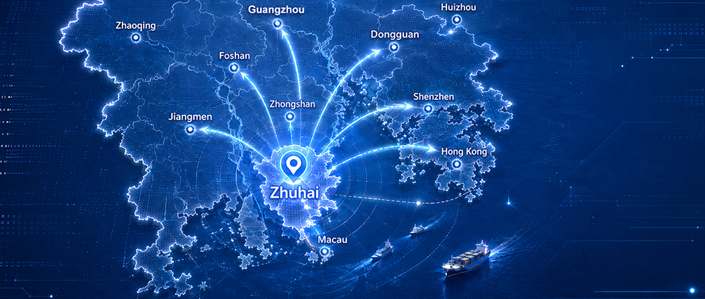 Map showing Zhuhai's location within the Greater Bay Area and Xiangzhou District's print consumables cluster